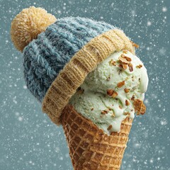 Funny Mint Ice Cream With Knitted Hat Dressed for Winter Snow.  Winter Humor.