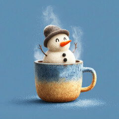 Cute Snowman Bathing and Melting in Hot Coffee Cup.  Winter Humor.