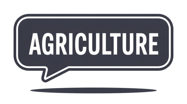 A dark grey speech bubble with the word agriculture in white text isolated on transparent background