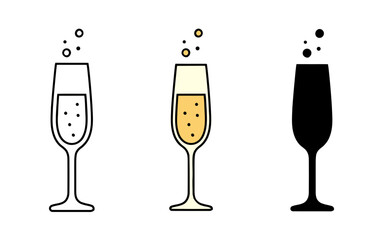 Champagne Glasses Showing Bubbles in Line Art, Color Icon, and Solid Silhouette