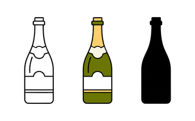 Three Graphic Wine Bottles Depicted with Outline, Color, and Silhouette