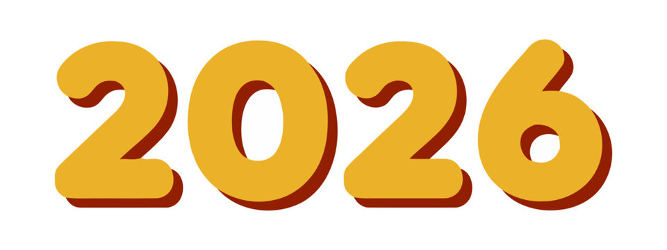 Year 2026 represented with bold yellow numbers and dark brown drop shadow against a white backdrop