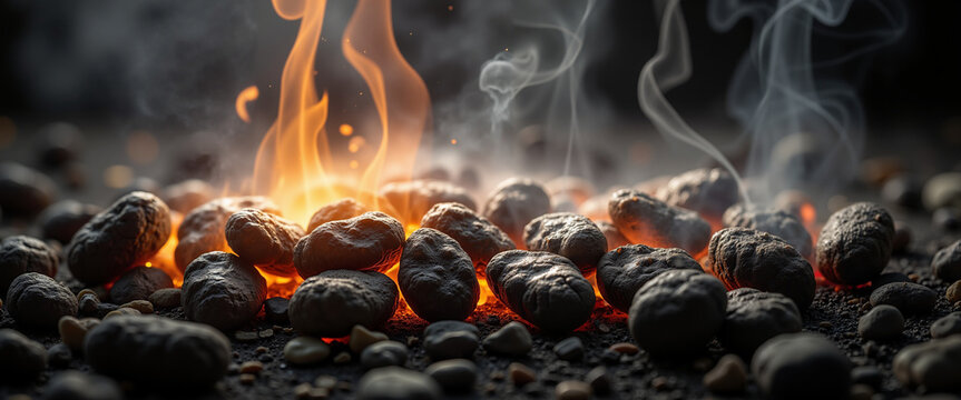 Glowing charcoal with flames and smoke on dark background  