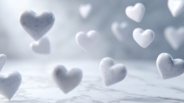 Pearl-shaped Hearts Float Gently in a Refined White Marble Space, Creating a Dreamy and Elegant Atmosphere