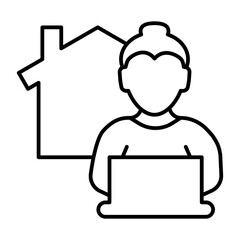 House with chimney and woman with laptop thin line icon, remote work concept, home office vector sign on white background, outline style icon mobile concept web design. Vector graphics.
