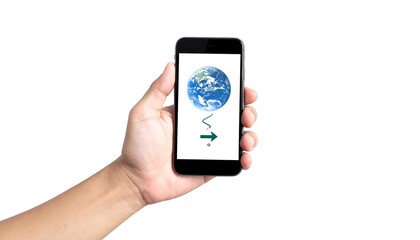 Hand Holding Smartphone Displaying Earth and Arrow, Connecting Globally.
