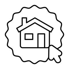 Sticker with house and mouse pointer thin line icon, work from home concept, remote job vector sign on white background, outline style icon mobile concept web design. Vector graphics.