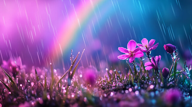 Spring flowers in the grass, seen up close, with a rainbow glowing in the background and gentle rain falling around them.