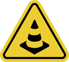 Cones ahead. Yellow warning road sign. An area marked with cones ahead, and caution is required when slowing down or driving around it. Roadworks.