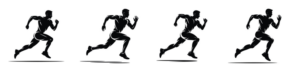 Runner Sprinting Silhouette Vector Illustration Set – Athletic Man in Motion Sequence, Sports Artwork Representing Speed, Strength, Endurance, Training, and Dynamic Running Concept