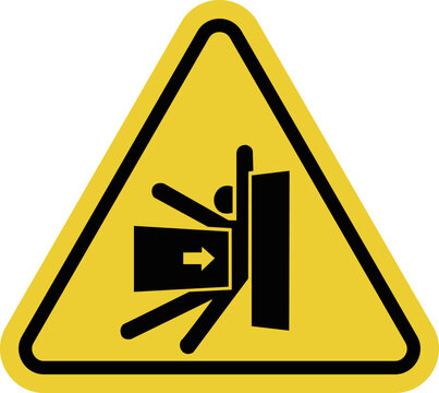 Side crush hazard sign. Yellow triangle warning sign. Side squeezing or crushing. Caution is required.