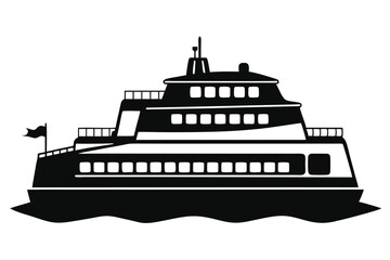 Obraz premium Ferryboat silhouette is navigating the water with multiple decks and small windows on the sea