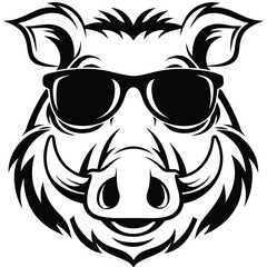 A confident boar wearing sunglasses stares directly forward with a smile in black and white