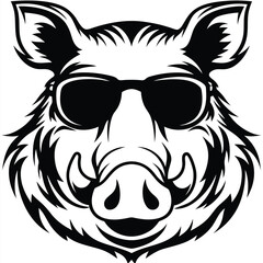 A wild hog wears cool sunglasses, its is presented in black and white