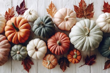 Fototapeta premium The seasonal beauty of autumn is captured by arranging decorative pumpkins and leaves on a wooden surface