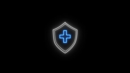 Glowing neon health shield symbol animation on a black background. health shield neon animated protective shield lock barrier health guard bacteria icon logo emblem.
