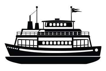 Obraz premium Silhouette shows a twostory ferry with a flag, featuring upper windows and railings