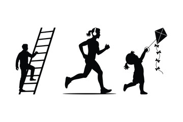 Silhouettes of people climbing a ladder running and flying a kite