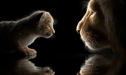 Lion cub and lioness face to face on black background wildlife animal photography concept image