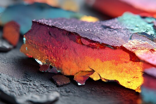 Iridescent bismuth crystal mineral specimen macro photography close up colorful texture background view 96