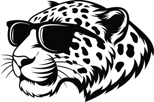 A spotted jaguar head showcases sleek sunglasses in black and white outline format