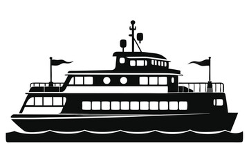 Obraz premium Silhouette of a multidecked ferry boat peacefully floating on wavy water looks peaceful