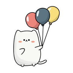 Adorable kawaii white cat character holding a bunch of colorful red, blue, and yellow balloons. Illustration for birthday, celebration, and happiness.