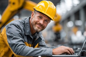 Factory worker smiling while using laptop