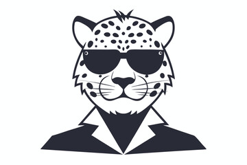 A monochrome spotted jaguar is wearing sunglasses and a blazer in a minimalist style
