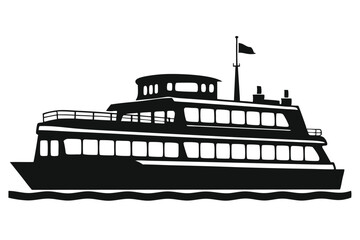 Obraz premium Two story ferry with upper deck sails on stylized waves in monochrome
