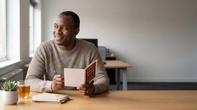 A thoughtful professional finds a spark of inspiration, pen in hand, as he holds a card, with a cup of tea by his side and gazing out the window. Christmas gift card, middle aged blackman