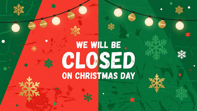 "We will be closed on Christmas Day" festive announcement over a blurred background of gold and green snowflakes and string lights.