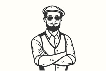 Bearded hipster with cap and glasses stands confidently, arms crossed over his chest