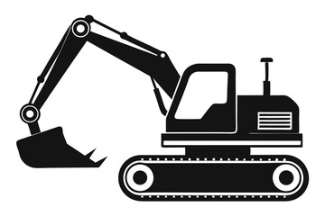Monochrome heavy machinery silhouette showcases an excavator with a bucket, and track wheels