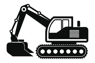 A stylized black digger with hydraulic arm and bucket sits on its treaded tracks