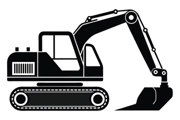 A heavy excavator machine is shown in a solid black color simple vector