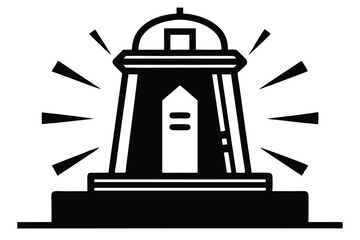 Black and white lighthouse icon emits light rays in all directions creating a symbol