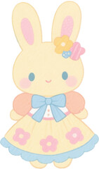 Fototapeta premium Kawaii Cute Rabbit Bunny Illustrations Watercolor Pastel Lolita Dress Flowers Ribbon