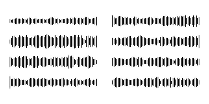 Sound wave podcast audio vector icon set with waveform and frequency lines. Soundwave music patterns for radio, microphone recording and voice signal. Line art equalizer graphics for media player
