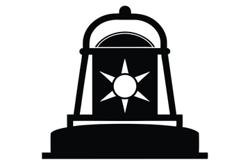 Black silhouette showcases an oldfashioned bell adorned with star bursts in the center