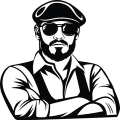 Bearded man with cap and sunglasses stands confidently, arms crossed, in black and white
