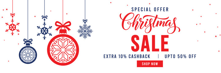 Christmas Sale banner with special offer text, cashback and discount percentages, and hanging red and blue snowflake ornaments and baubles. Ideal for seasonal marketing, holiday shopping, and web head