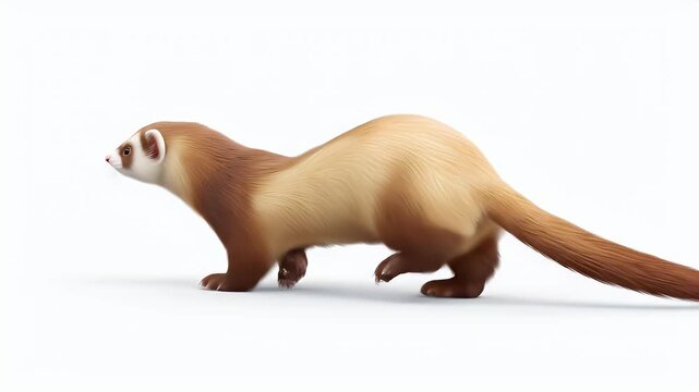 Ferret in a white background, side view, looking around, cute animal.