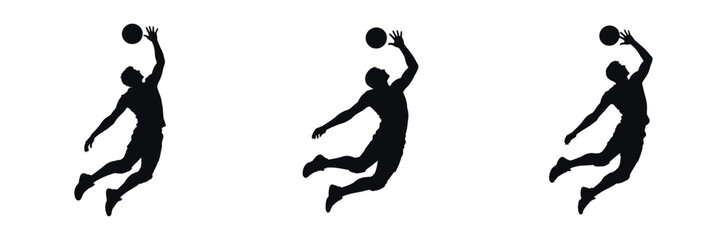 Volleyball Player Jumping and Spiking Silhouette Vector Illustration Set – Professional Athlete in Action Pose, Dynamic Sports Artwork Showing Power, Focus, Energy, and Team Spirit