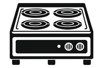 A minimalistic black and white stove displays four circular burners and front controls