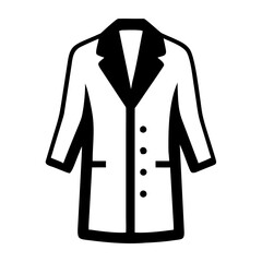 Minimalist black and white illustration of a classic lab coat, an essential garment for medical practitioners, researchers, and laboratory personnel, signifying professionalism and scientific endeavor
