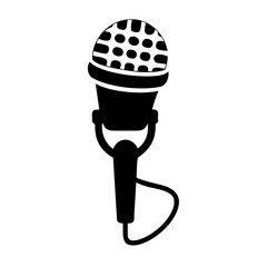 Simple black and white illustration of a classic microphone, perfect for music, podcast, or communication themes