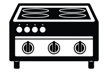 Black and white outline showcases a kitchen stove with burners and control knobs
