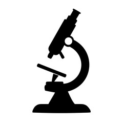 A simple black silhouette icon of a traditional optical microscope, representing science, research, biology, and laboratory work, used for magnifying small objects and detailed observation