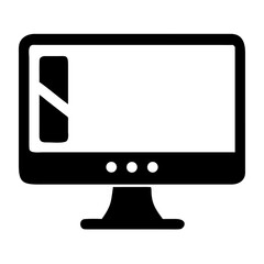 Black and white icon of a classic desktop computer monitor with a stand and three indicator lights, featuring a reflective screen
